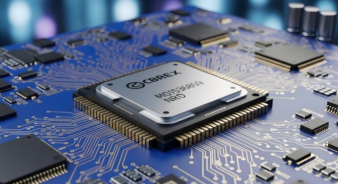 Microchip and Circuit Board Traces Close-Up on PCB for Technology and Engineering