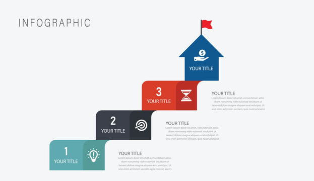 3-Step Business success infographic with staircase steps leading to goal flag achievement concept
Modern growth infographic template with step by step progress and target goal visualization