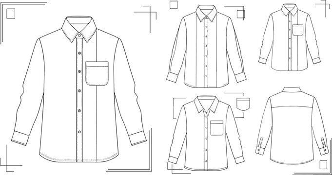 Men shirt technical drawing set with front and back views pocket collar and sleeve details fashion flat sketch vector for clothing design