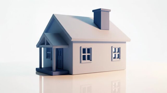 Small blue and white house model on a reflective surface