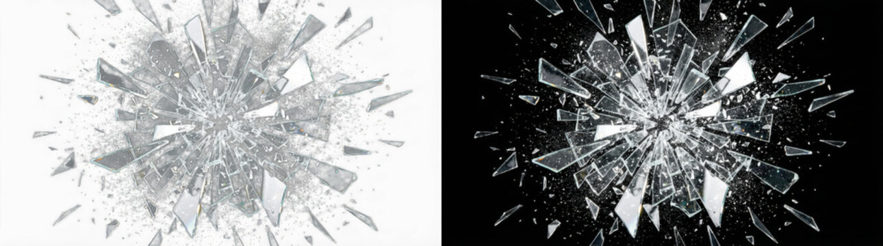 Glass shatter explosion with transparent background, realistic 3D broken window fragments burst outward, sharp crystal shards impact effect, isolated PNG overlay, cutout destruction element for design