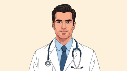 Fototapeta premium Professional male doctor wearing a white lab coat, blue shirt, tie, and a stethoscope around his neck, looking at the camera.
