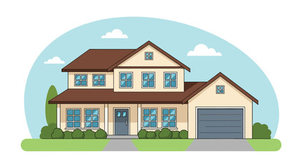 Fototapeta premium Beautiful two-story suburban residential house with a brown roof, multiple windows, and a grey garage door on a green lawn.