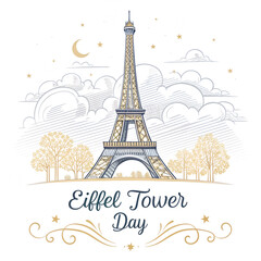 Fototapeta premium Eiffel tower day card with hand drawn sketch style and gold accents