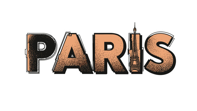 Large stylized text of the word PARIS with a detailed illustration of the Eiffel Tower integrated into the letter I.