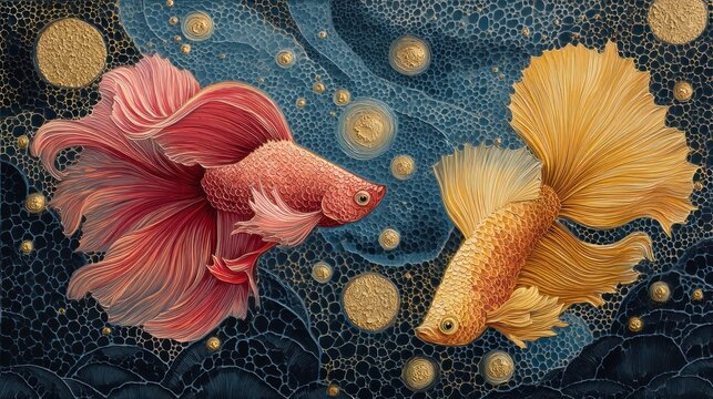 Vibrant siamese fighting fish swimming against abstract textured background