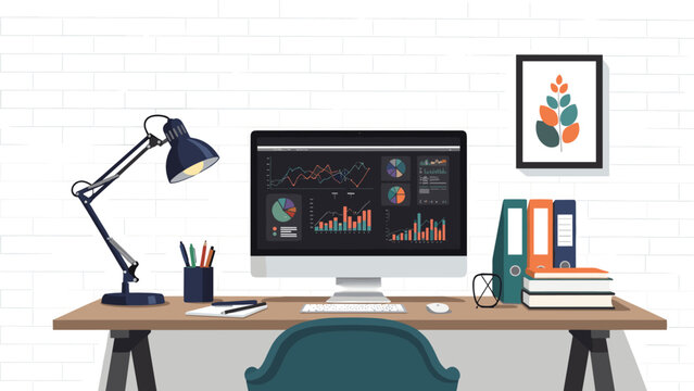Modern office desk setup featuring a computer monitor displaying various data charts, a desk lamp, and folders on a white wall.