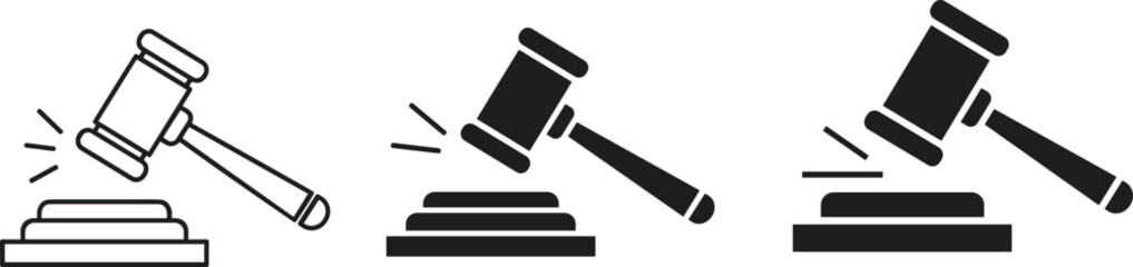 Judge gavel icons set, law and justice symbols with hammer striking block, legal system concept, court authority and auction illustration vector © Fazlul