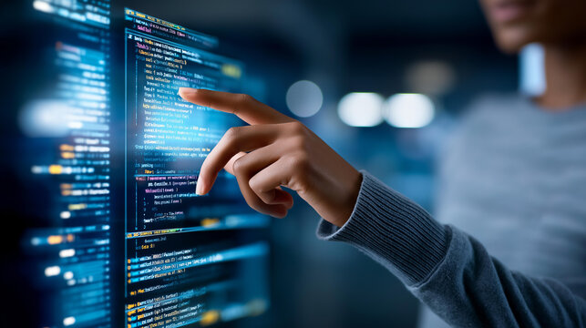 Unrecognizable developer using an AI-powered code generation interface on a virtual screen with programming scripts and automation system, software development concept, with copy