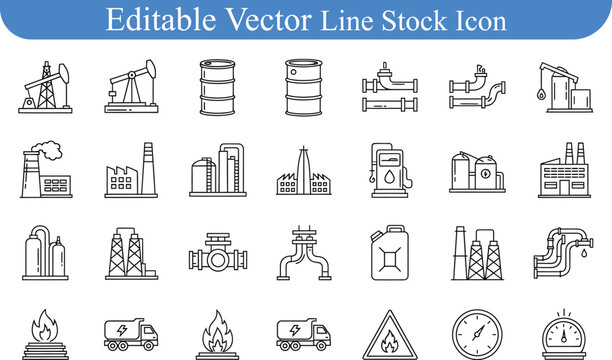 Editable vector line stock icons for industry and energy