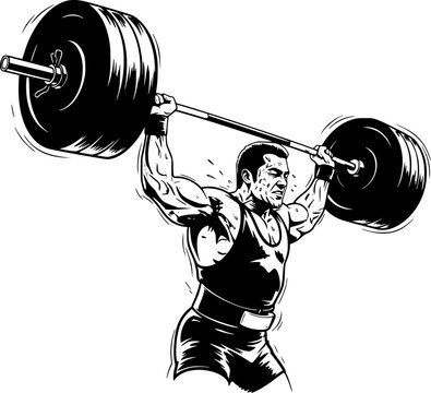 Male Powerlifting Athlete Lifting Heavy Barbell Illustration in Intense Action Style, Strength Training Graphic for Gym, Bodybuilding and Fitness Motivation Concept