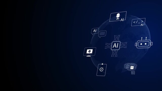 AI interface with glowing digital icons, artificial intelligence technology, automation, data processing, coding systems and future innovation in modern digital transformation.