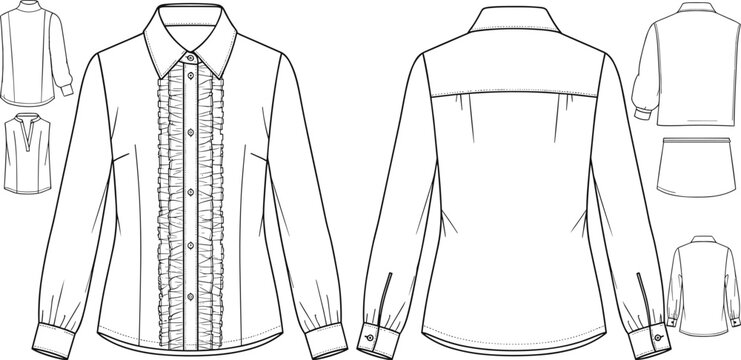 Women blouse technical drawing with ruffle detail front and back views fashion flat sketch vector template for clothing design and garment production