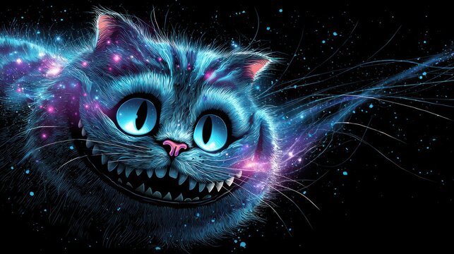 Fantasy cheshire cat smiling in space with cosmic energy on black background