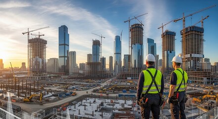 Naklejka premium Two construction workers in safety gear stand on a high platform overlooking a busy downtown building site with skyscrapers and cranes during golden hour. Ideal for construction concepts.