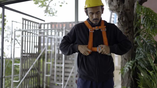 Worker Fastening Harness In The Work Site, A gripping documentary film of a worker fastening a harness at the work site, perfect for safety protocol or high stakes labor.