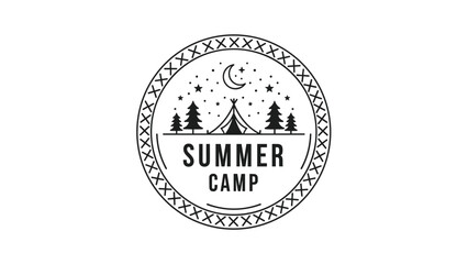 Obraz premium Circular logo for a summer camp features a minimalist illustration of a tent, pine trees, stars, and a crescent moon in a black style.