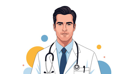 Fototapeta premium Realistic portrait of a handsome male doctor wearing a professional white coat and stethoscope over an abstract background.