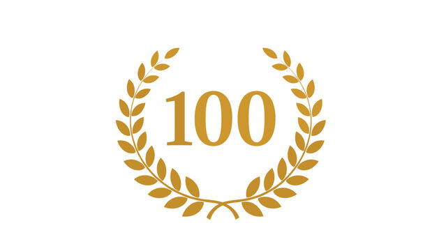 Golden laurel wreath framing the number one hundred on a plain white background for celebrating a centenary or perfect score.