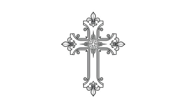 Detailed black and white ornamental Christian cross design with fleur-de-lis accents isolated on a white background for art.