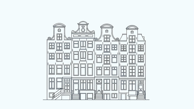 Simple black line drawing of four traditional narrow Amsterdam canal houses with different gabled roofs on a white background.