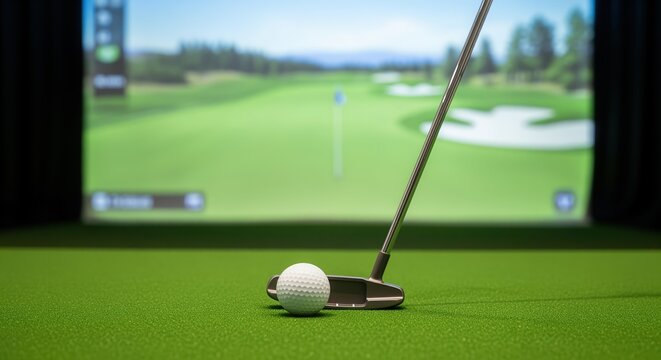 A golf ball and putter on an indoor putting mat with a large screen displaying a virtual golf course behind it. Perfect for indoor practice, simulation games, and swing training.