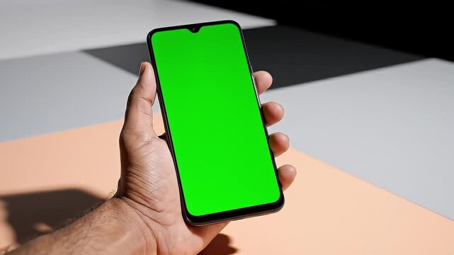 Iphone Mockup, Hand holding sleek modern smartphone with green screen on geometric table technology focus perfect for app presentation closeup in minimalism design