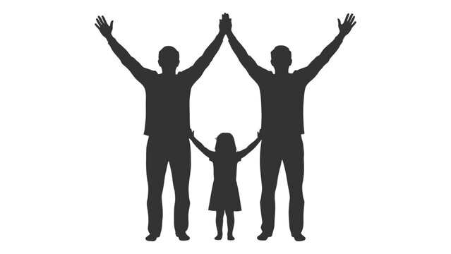 Silhouette of a family with parents and a child raising their hands in unison
