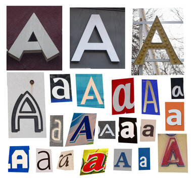 Letter A Collage: Diverse Alphabet Typography, Signage and Typeface Samples in Colorful Urban Montage
