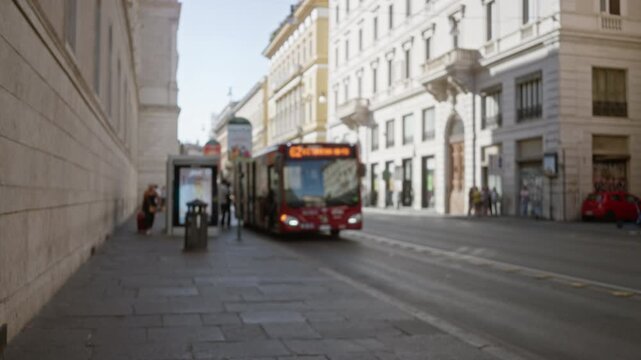 Defocused rome street scene with soft bokeh and shallow focus on sidewalk and historic facades; background backplate copyspace calm.