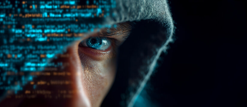 Close up of a Hacker Eye with Digital Binary Code Reflection and Cyber Security Concept in Dark Hoodie