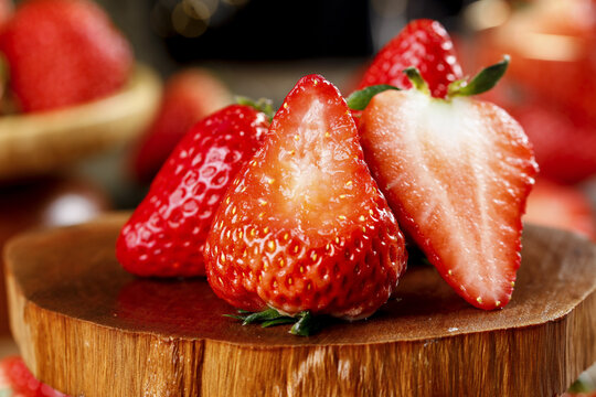 Fresh Ripe Strawberries on Wooden Board - Healthy Vitamin Rich Fruit