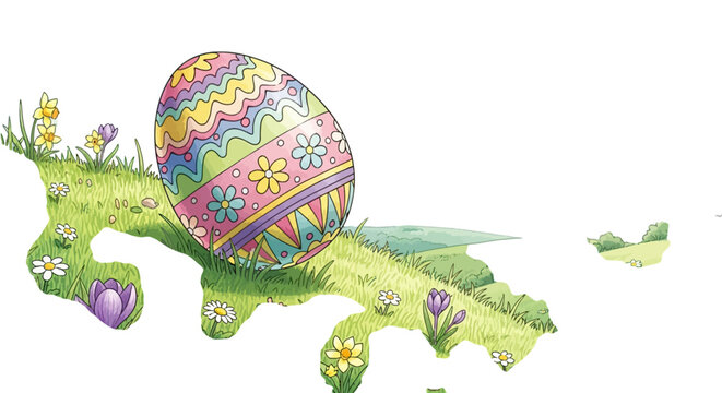 Easter egg on grass with flowers vector illustration