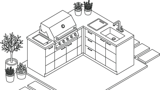 Luxury outdoor kitchen island design featuring a built-in grill, sink, and cabinetry from brands. Modern isometric kitchen design with minimalist aesthetics. 
