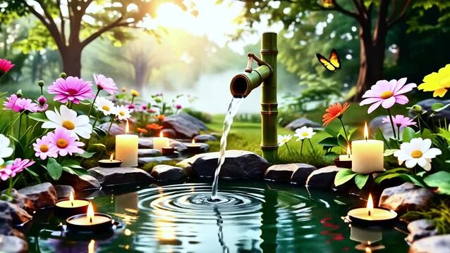 Relaxing zen meditation garden with flowing water and candle light - spa background, relaxing music background