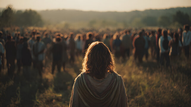 Jesus Christ standing far in the background while others occupy the foreground, open field, atmospheric light, 90mm telephoto, cinematic humility narrative