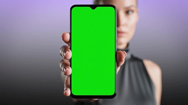 Iphone Mockup, Woman presenting smartphone with green screen, sleeveless top, studio lighting, purple gradient backdrop &ndash; perfect for app presentation, chest view