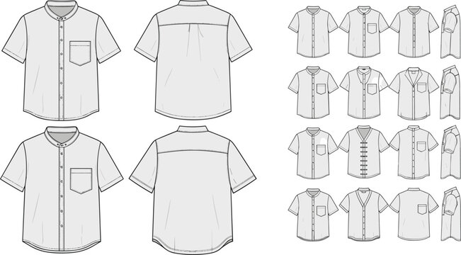 Men short sleeve button down shirt technical flat sketch collection featuring grandad collar and classic necklines with pocket variations for apparel design tech packs.