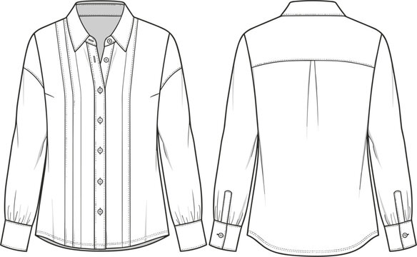 Women long sleeve button up blouse technical flat sketch vector illustration with front pleat details and back yoke for fashion design and apparel manufacturing tech packs.