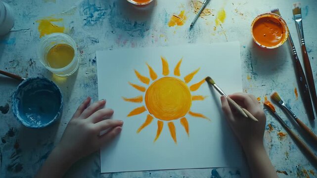Child painting a vibrant sun in bright yellow on a white sheet of paper, using brushes and tempera colors, creating a joyful scene on a messy table from a top view perspective