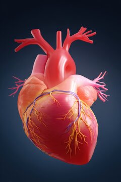 Realistic anatomical human heart model with prominent coronary arteries and surface veins highlighting cardiac circulation and myocardium details for teaching
