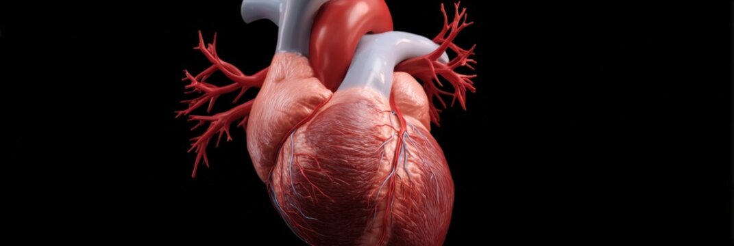 Anatomical human heart closeup realistic coronary vasculature ventricles atria aorta pulmonary roots on black background for surgical study and pathology review