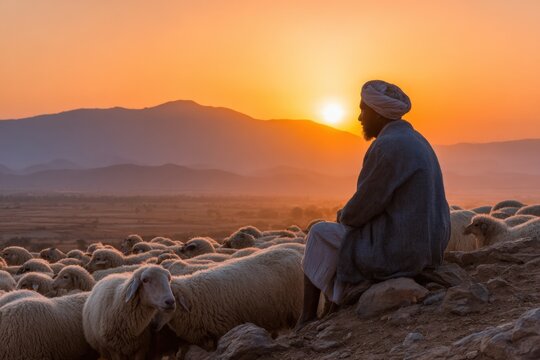 Sunset shepherd asian male adult with flock of sheep in mountainous pasture at golden hour