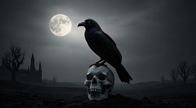 Black raven perches on a skull; full moon illuminates an eerie gothic landscape