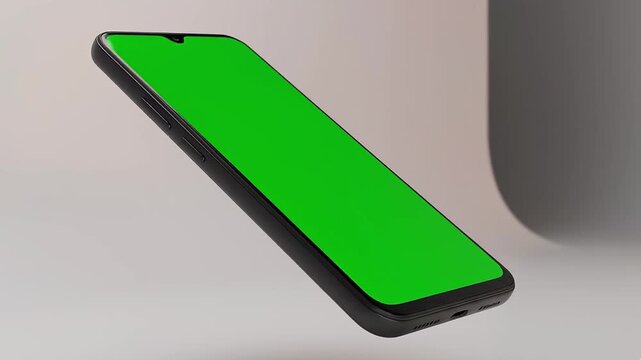 Iphone Mockup, Angled Smartphone with Green Screen, Black Frame and Shadow on Minimalist Gray Surface &ndash; Product Showcase View