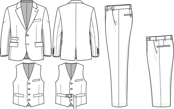 Technical fashion flat vector of a men's three piece formal suit including blazer jacket waistcoat and trousers for professional apparel design and tailoring.