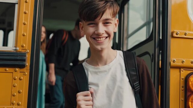 Cheerful male student with a backpack smiles broadly while standing at the open door of a yellow school bus, other students boarding in the background
