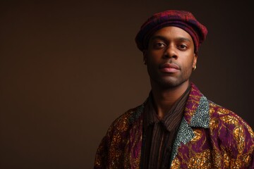 Obraz premium Male african adult wearing patterned jacket and beret in a moody studio portrait with thoughtful expression