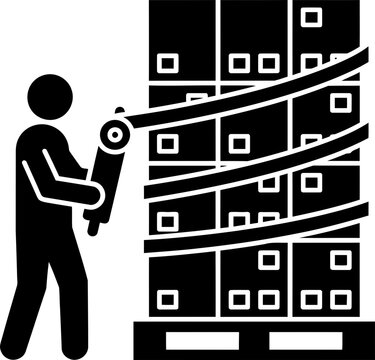 Man wrapping cardboard boxes on a pallet with stretch film, showcasing product protection and packaging process. Vector illustration