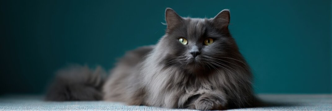 Gray longhair cat golden eyes reclining on teal background with plush fur texture relaxed pose and soft natural lighting showing majestic fluff and calm expression
